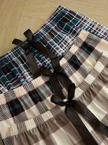 女士经典格子阔腿裤，蝴蝶结睡裤，三件套休闲家居服套装，春夏款 - 彩色 - 查看 5