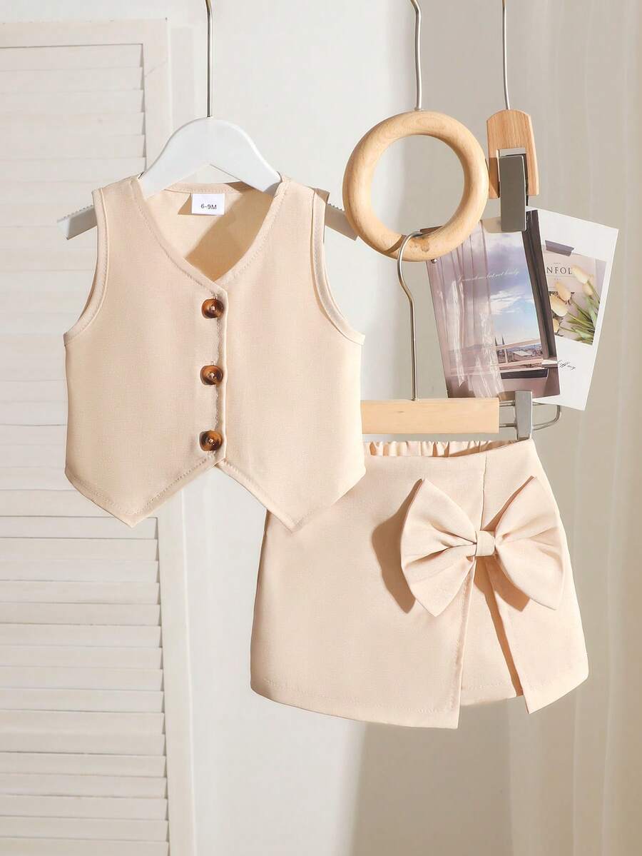 Set de 2 piezas de chaleco + pantalones cortos de unicolor minimalista estilo commuter para niñas pequeñas, primavera/verano - Albaricoque - Ver 1