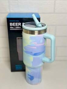 Large 1200ml Capacity, Ideal For Those Who Drink A Lot Of Water. Stainless Steel Material, Keeps The Temperature For Longer. With Straw And Lid, Practical For Drinking Without Spilling. Side Handle, Easy To Carry. Gradient Design In Pastel Colors, Modern And Stylish. Perfect For Work, Gym, Travel And Car. - Azul-aço - 查看 6