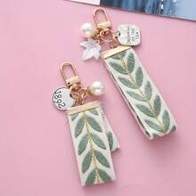 1PC Small Fresh DIY Woven Ribbon Pearl Keychain Car Pendant Creative Striped Cloth Ribbon Pearl Ocean Digital Accessories Jewelry Female - A6 - 查看 4