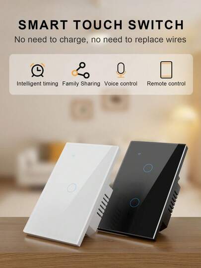 1 pieza Interruptor inteligente de pared estándar de EE. UU. sin cable neutro requerido, DS-121JL con WiFi y Bluetooth, funciona con Alexa, Yandex Alice, Tuya, 1/2/3/4 pandillas blanco y negro, compatible con cable único y cable neutro, panel de vidrio templado delgado de 9 mm, control remoto por aplicación, control de voz, temporizador para iluminación del hogar