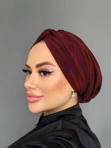 1 buah Topi Turban Kemoterapi Klasik Wanita Warna Polos, Elastisitas Tinggi & Desain Berlipit, Anti Selip & Bernapas, Jilbab Berlipit Multi-Lapisan, Kain Rajut Modal Lembut yang Nyaman, Cocok untuk Pemakaian Sehari-hari dengan Hijab - Burgundy - View 2
