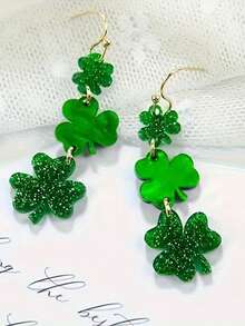 1 Pair Shiny Acrylic Green Clover Earrings, Women's St. Patrick's Day Jewelry Gift - Green - View 3