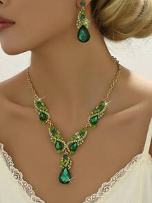 3pcs Women's Alloy Rhinestone Glass Jewelry Set, Including 1 Pair Earrings And 1 Necklace, Suitable For Weddings, Parties And Gifts - Green - View 3