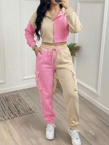 2 件套女士运动装，时尚拼色连帽夹克和工装运动裤，保暖内衬，适合春季、秋季和冬季 - 彩色 - 查看 1