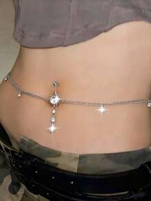 1件迷人性感全水晶肚脐环吊坠银色腰带，波西米亚风格间隔银色水晶女士腰链，魅力时尚派对女士身体链，夏季海滩度假旅行水晶装饰女士比基尼链，适合女性在派对上佩戴，送给朋友和同学的礼物 - 款式5 - 查看 2