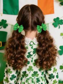 2pcs St. Patrick's Day Shamrock Hair Bows For Girls Gold Beaded Deocr Bow Alligator Clips Simple Clover Hair Clips Delicate Parade Barrettes Green Hairpins Teens Hair Accessories - Green - View 2
