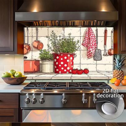 1-Piece Wall Sticker Features A 2D Design. It Realistically Depicts A Corner Of The Kitchen, Creating A Comfortable Atmosphere Through The Arrangement Of Kitchen Tools And Greenery. This Kitchen Wall Sticker Is Easy To Install