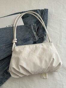 女士中国风刺绣单肩包，时尚褶皱云朵设计，优雅斜挎包 - 白色 - 查看 9