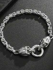 1pc Stainless Steel Gothic Skull Bracelet Unisex Jewelry Punk Hip Hop Fashion Accessories Gift - Double Skull Silver Bracelet - View 8