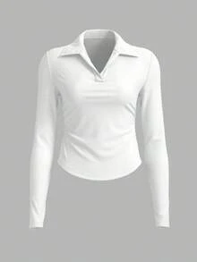 Blazique Women's Sportswear Casual Tight-Fitting Polo Collar V-Neck Long Sleeve Top Spring - White - View 6