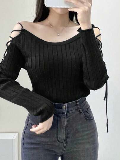 2025 Spring/Autumn Lace-Up Design Versatile Women Long Sleeve Top
