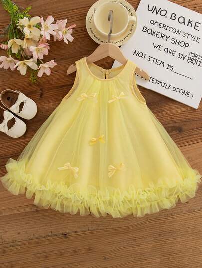 Baby Girls' Bowknot Tulle Dress, Sheer Elegant Sleeveless Princess Dress, Summer
