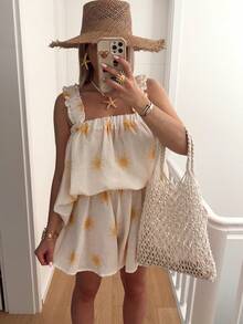 2PCS Women's Summer| Beige Yellow Sun Print Ruffle Spaghetti Strap Top & Shorts - White - View 1