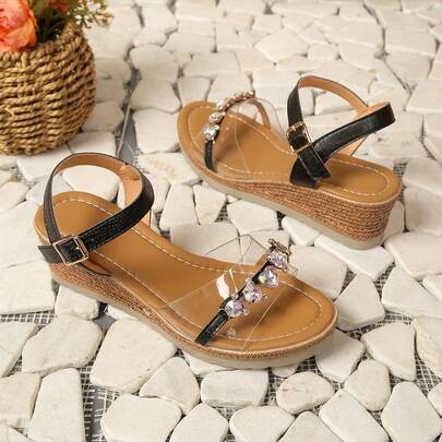 Giày sandal đế xuồng mới dành cho nữ, đế dày, đính đá kim loại, sandal hở mũi thời trang, thích hợp cho kỳ nghỉ, du lịch, hẹn hò, đi bộ ngoài trời, đi làm.