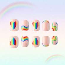 Wearable Rainbow Striped Nail Stickers, Cute And Fresh Heart-Shaped False Nails, 24 Pieces, Removable Nail Tips. - 1 - 查看 4