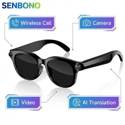 SENBONO New Men's AI Photography Smart Glasses, 2MP Camera, AI Voice, AI Photo Recognition, AI Translation, HD Photo/Video, Voice Assistant, Wireless Calling, Music Control; Women's AI Photography Smart Glasses, Compatible With Android, Ideal Gift For Birthday, Valentine's Day, Father's Day, Mother's Day