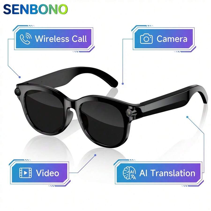 SENBONO New Men's AI Photography Smart Glasses, 2MP Camera, AI Voice, AI Photo Recognition, AI Translation, HD Photo/Video, Voice Assistant, Wireless Calling, Music Control; Women's AI Photography Smart Glasses, Compatible With Android, Ideal Gift For Birthday, Valentine's Day, Father's Day, Mother's Day - Black - View 1