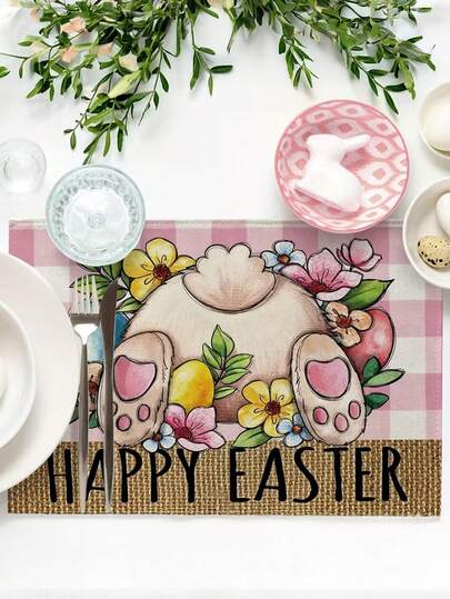 1/4/6/8/10/12pcs Happy Easter Bunny Placemats, Cute Rabbit Eggs Flowers Pink Plaid Check Dining Table Place Mats, Farmhouse Vintage Kitchen Decor Home Decoration 12.6 X 16.5 Inch