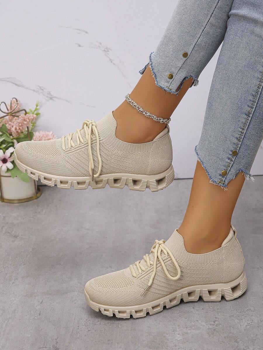 1 Pair Thick Sole Elevated Soft Sole Sneakers, Spring/Autumn New Mesh Casual Shoes - Apricot - View 1