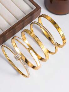 5pcs Titanium Steel Waterproof & Fade-Resistant Women's Fashion Bracelet, 18K Stainless Steel Ladies Jewelry, Gift For Girlfriend/Valentine's Day - Gold - View 5
