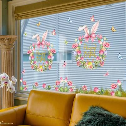 1 Set (30*40CM*2pcs) Easter Bunny Wreath 2D Window Sticker, Static Cling Glass Decal D16093-YJ