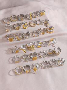 3/6/9/12pcs Set 18K Gold Plated Stainless Steel Minimalist Geometric Pattern Open Rings, Suitable For Women's Daily Wear (Random Delivery) - Gold - View 2