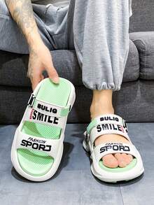 Herr sommarbokstävertryck halkfria casual tofflor, EVA snörning ihåliga andningsbara husstrandskor, unisex parmodeller - Vitt och grönt - Visa 7