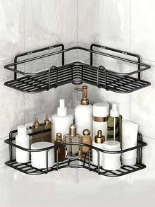 1pc Bathroom Shelf, Shower Caddy, Wall-Mounted Corner Storage Rack, Toothbrush Holder, Organizer Basket, Shower Rack, Kitchen Spice Rack, Suitable For Storing Shower Supplies, Cosmetics, Seasonings, Etc. For Kitchen, Bathroom, Vanity. Bathroom - Black - View 2