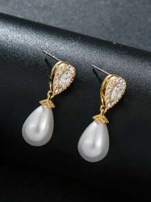 1 Pair Elegant Water Drop Pearl & Zirconia Earrings, Fashionable Minimalist Elegant Personalized Jewelry Gift For Women, Daily Wear - Yellow Gold - View 2