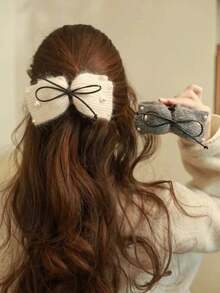 1 件装女士秋冬羊毛蝴蝶结发夹，可固定后脑勺丸子头，鲨鱼形发夹，半扭发造型头饰配饰 - 彩色 - 查看 2