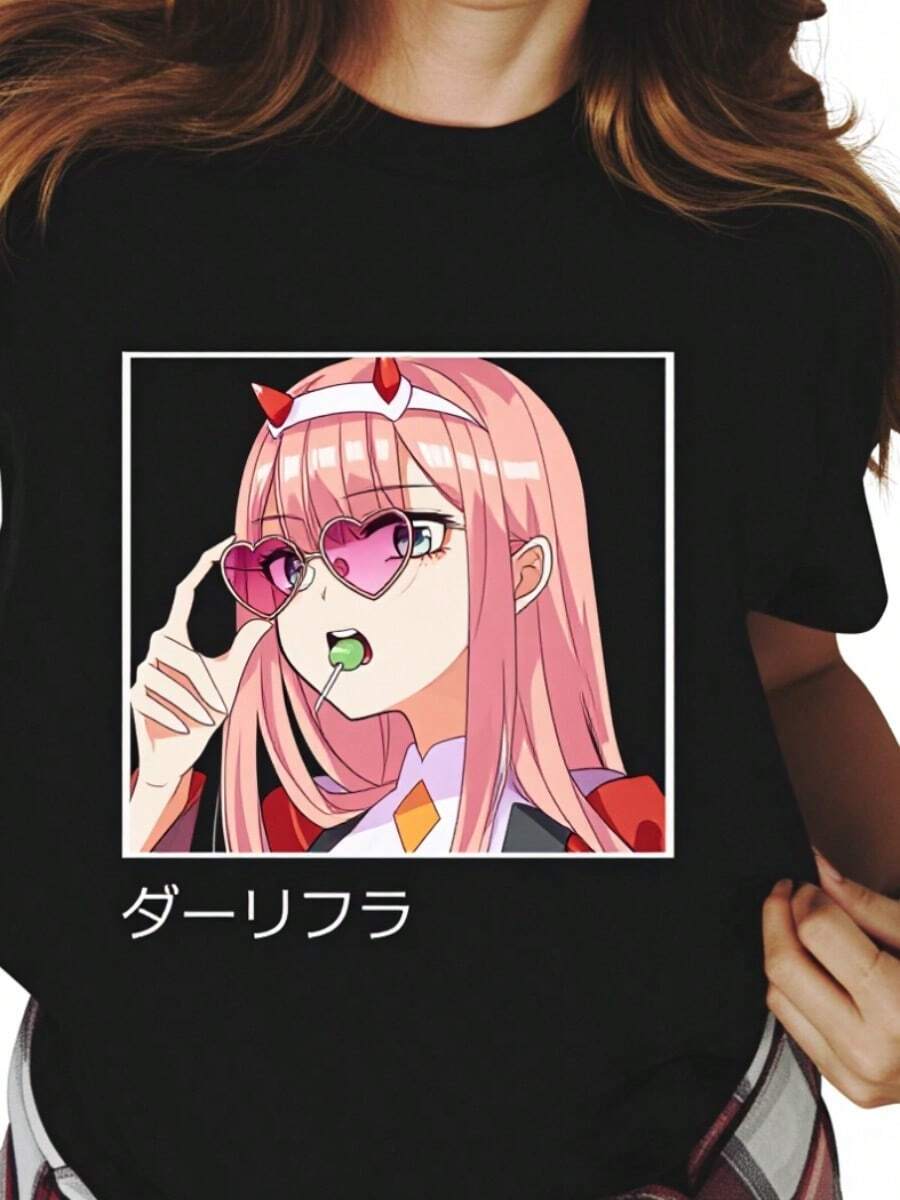 Anime Darling In The Franxxs Zero Two Print T Shirt Men Women Fashion Casual Streetwear Short Sleeve Plus Size Unisex T Shirt - Negro - Ver 1