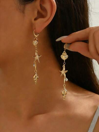 ต่างหูผู้หญิงสง่างาม 1 คู่ สไตล์โบฮีเมียนวินเทจสำหรับชายหาด ดีไซน์จี้ปลาดาวและเปลือกหอยเรขาคณิตเรียบง่าย ประดับพลอยเทียมระยิบระยับและไข่มุกสังเคราะห์ ต่างหูห้อยระย้าพู่ยาว เหมาะสำหรับลำลอง ชายหาด ปาร์ตี้ การเฉลิมฉลองวันหยุด การให้ของขวัญ เครื่องประดับอเนกประสงค์