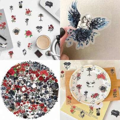 100PCS Retro Dark Rose Transparent Stickers PackAesthetic Red Rose Decor For Laptop Gifts For Teens Adults Waterproof Vinyl PET Vintage Gothic Stickers For Scrapbook Phone Bike Party Favors