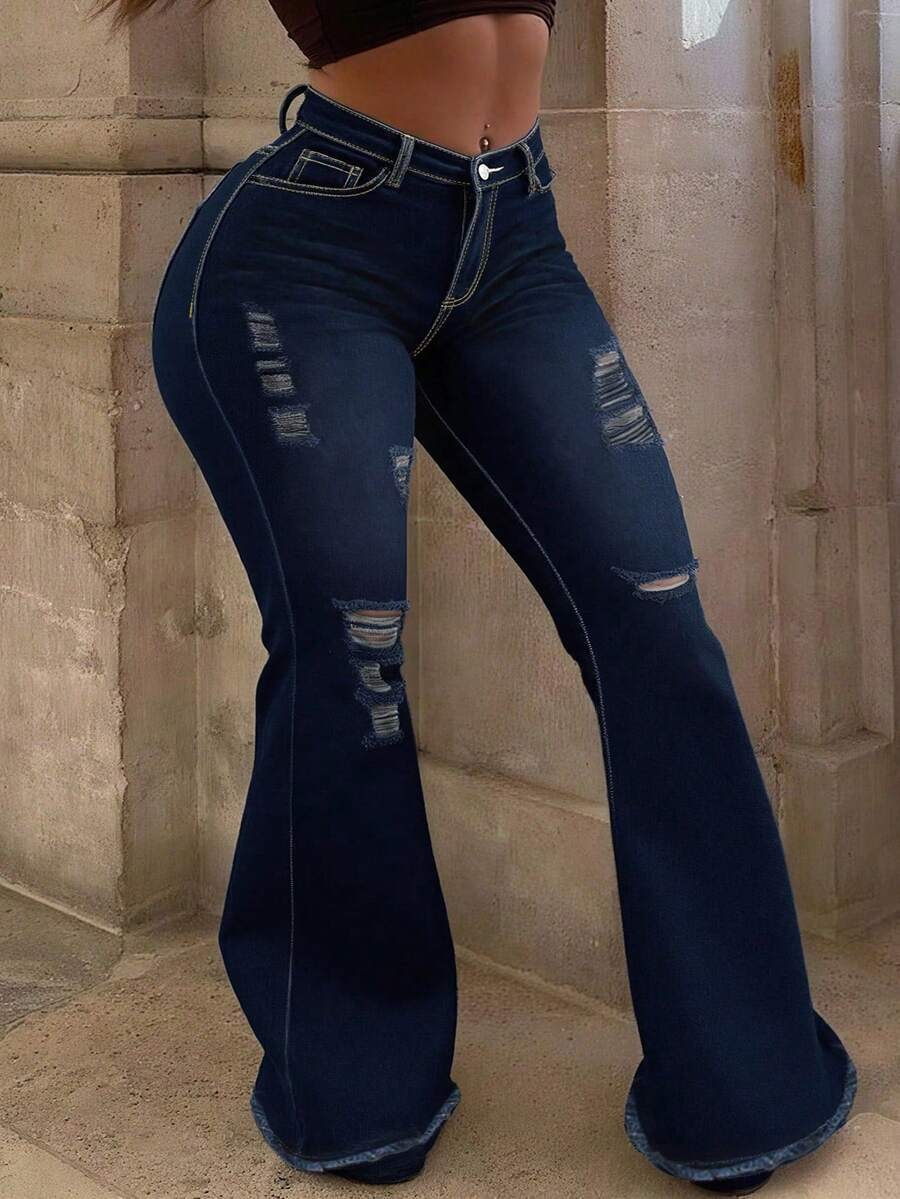 Plus Size Women's Mid-Rise Flared Jeans, Sexy Ripped Elastic Raw Hem Denim Flared Pants, Casual Wear Fashion Trousers - 深色水洗藍 - 查看 1