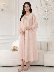 2026 New Style Elegant Embroidered Beaded Arabic Women's Dress, Jalabia Dress With Square Neck, Long Sleeve, Pink Outerwear, Fashion Fresh Ladylike - Pink - View 2