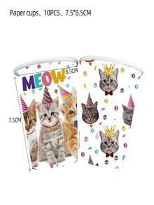50pcs Cute Cat "Meow" Themed Party Supplies Set - Colorful Cats & Paw Print Disposable Paper Plates, Cups, Napkins | Suitable For Children's Cat Birthday Party, Pet Lover Gathering And Cute Animal Celebration Events | Party Hats, Bows, Crown Decorations With "Meow" Print, Ideal For Party Favors, Cat-Themed Home Decor And Special Occasions - Multicolor - View 2
