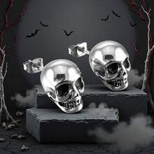 哥特式骷髅袖扣和项链套装，女士款，红月万圣节饰品 - 銀色 - 查看 8