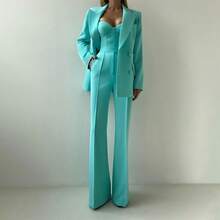 Women's Suit Suit Simple Solid Color Elegant Temperament Fashion Casual Urban Commuter Suit Set Sexy Suspender Bra Loose Drape Pants Long Sleeve Lapel Button Coat Business Etiquette Clothing Three-Piece Set - 綠色 - 查看 10
