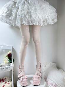 1 Pair Women's Ivory Sexy Velvet Bow Rhinestone Stockings Pantyhose - milky white - View 3