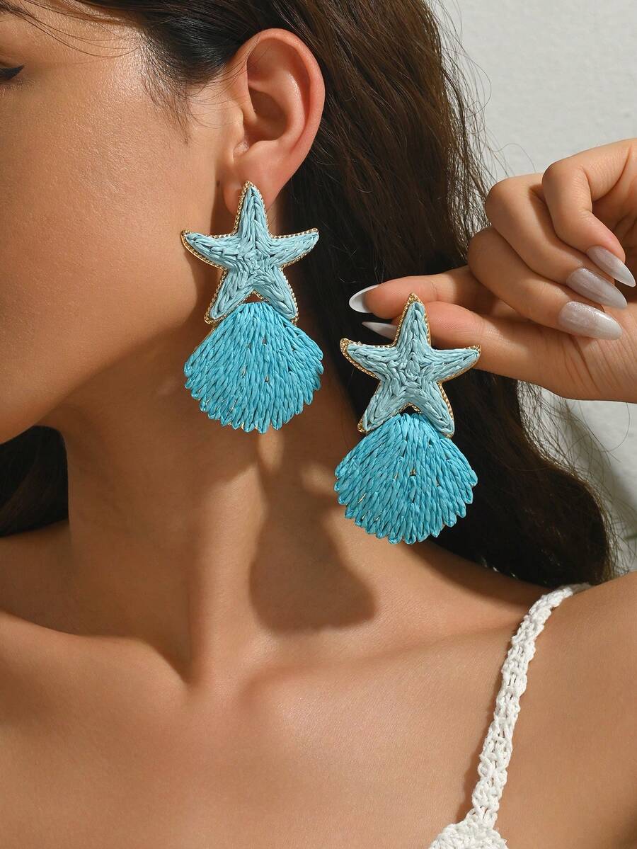 OOQ 一对手工编织拉菲草蓝色海星贝壳耳环，时尚夸张的海洋系列海星贝壳流苏拉菲草耳环，适合情人节、婚礼季、母亲节、音乐节庆典、日常、度假、派对等场合佩戴（手工拉菲草编织，方向和形状随机） - 藍色 - 查看 1