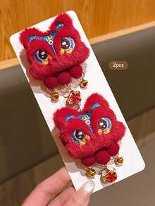 2个中国风舞狮铃铛发夹，适合新年庆祝活动 - 紅色 - 查看 3