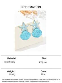 OOQ 一对手工编织拉菲草蓝色海星贝壳耳环，时尚夸张的海洋系列海星贝壳流苏拉菲草耳环，适合情人节、婚礼季、母亲节、音乐节庆典、日常、度假、派对等场合佩戴（手工拉菲草编织，方向和形状随机） - 藍色 - 查看 6