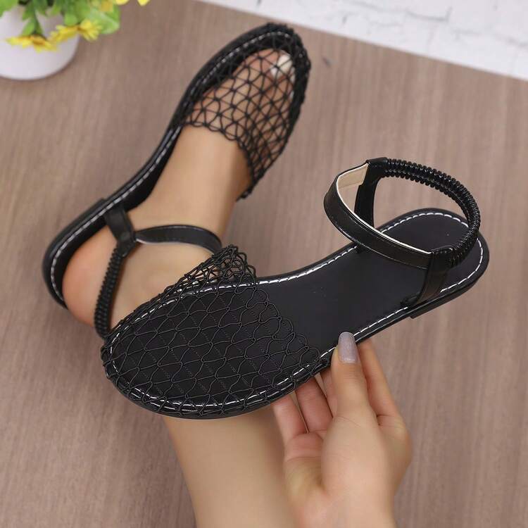 Women's Flat Hollow Fishnet Sandals, Closed Toe, Breathable, Fashion, Versatile, Solid Color, Classic - Black - View 6