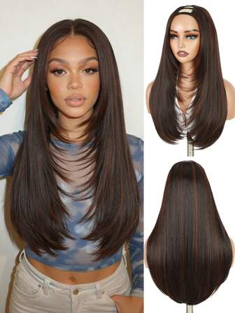 14-Inch Short U-Part Wavy Wig, Yaki Straight Synthetic Fiber Wig With Highlights, Suitable For Women, Upgraded U-Part Wig, No Sewing Or Glue Required