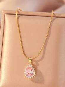1件清新温暖的锆石水晶水滴吊坠项链，粉色/白色锆石水滴镶嵌设计，优雅搭配，适合情侣约会/日常佩戴，独特的水滴纹理，点亮小众甜美风格项链 - 水滴 - 查看 8
