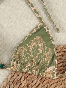 女士复古绿色碎花比基尼，系带设计，性感海边度假三件套泳衣，2026春夏款 - 彩色 - 查看 5