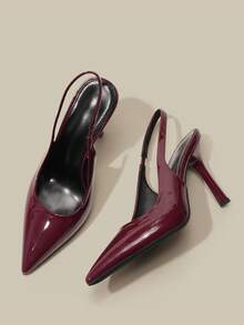 Giày cao gót mũi nhọn cao 9.5cm thanh lịch dành cho nữ, kiểu dáng slingback, chất liệu PU bóng màu đỏ tía, phù hợp cho đi làm, dự tiệc, đi làm hàng ngày. - Màu Đỏ Sâu - Xem 6