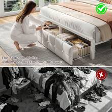 EnHomee Full/Queen/King Bed Frame With Hidden Storage Headboard & 4 Drawers Diamond-Tufted Upholstered Leather Platform Bed With LED Lights & Charging Station, White - 查看 5
