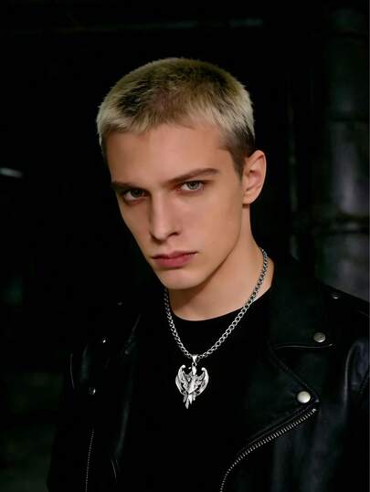 30英寸不锈钢男士项链，配复古鹰盾吊坠，时尚街头风